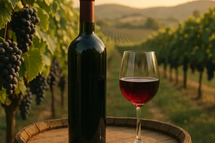 Vin Bairrada, bouteilles et vignes verdoyantes.