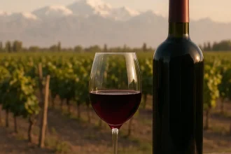 Bouteilles de vin Mendoza dans un vignoble.