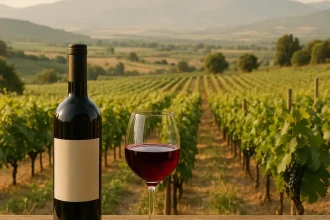 Verre de vin Naoussa avec vignoble en arrière-plan