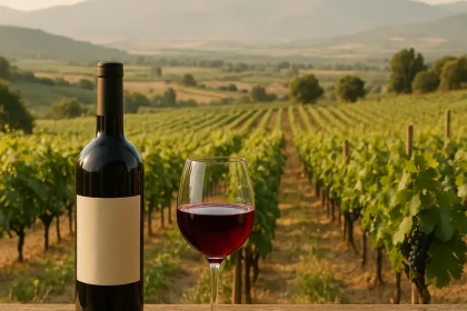 Verre de vin Naoussa avec vignoble en arrière-plan
