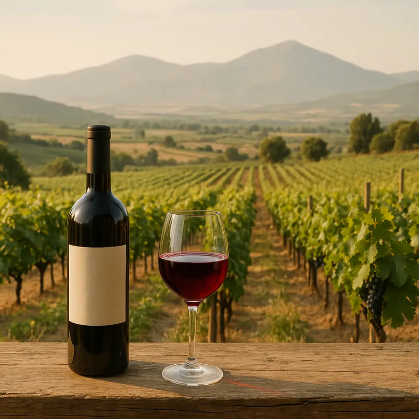 Verre de vin Naoussa avec vignoble en arrière-plan