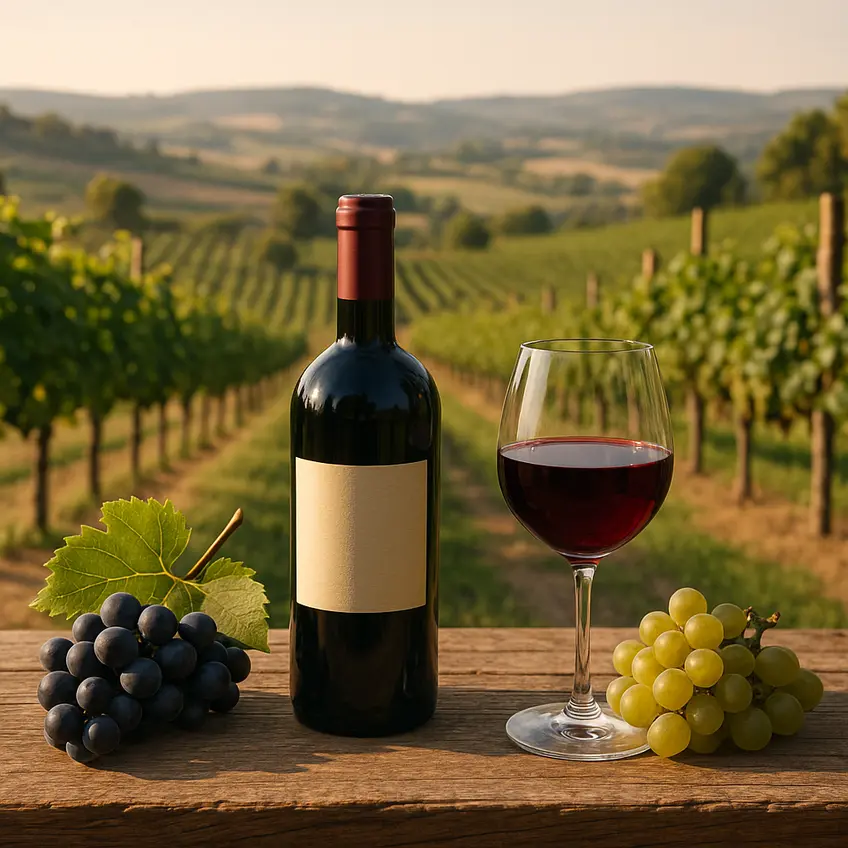 Bouteilles de Vin Ombrie sur table en bois