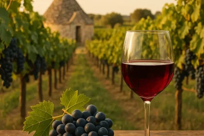 Vignes des Pouilles avec bouteilles de vin