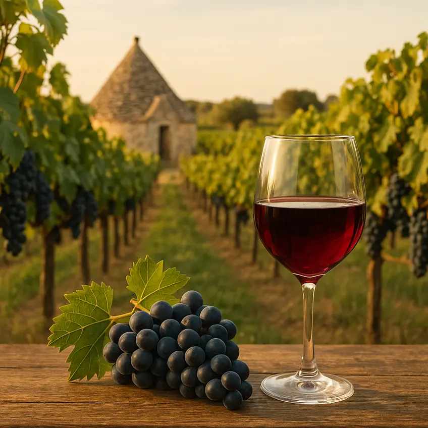 Vignes des Pouilles avec bouteilles de vin