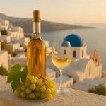 Vignes de Santorin et bouteille de vin