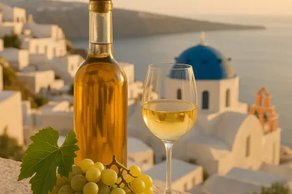 Vignes de Santorin et bouteille de vin