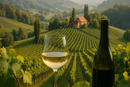 Vignes de Styrie et bouteilles de vin