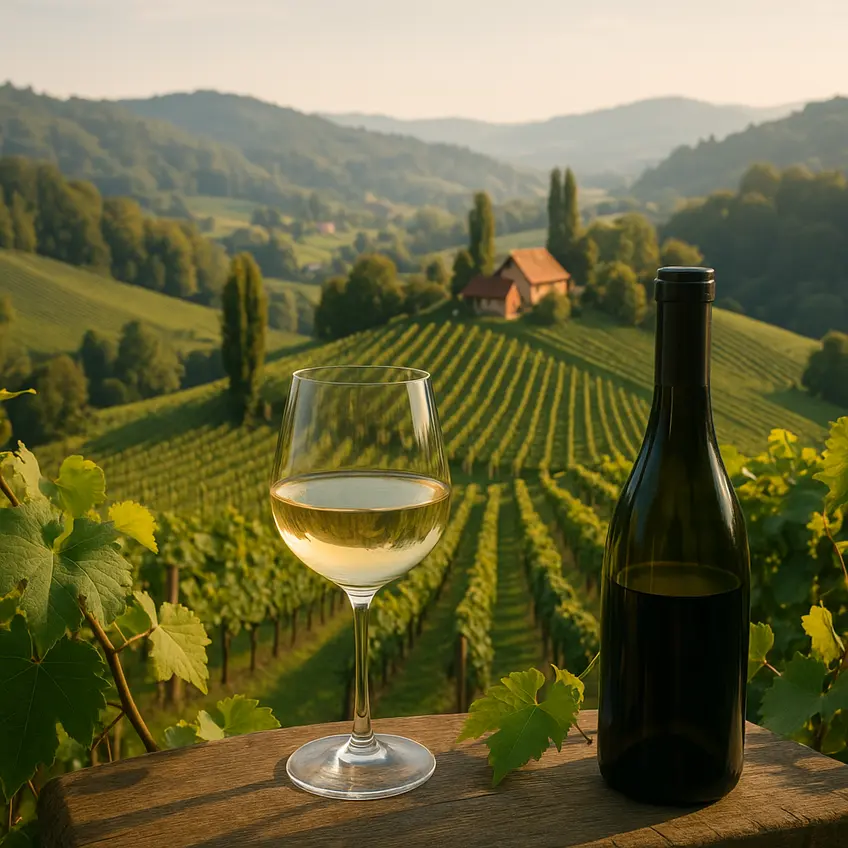 Vignes de Styrie et bouteilles de vin