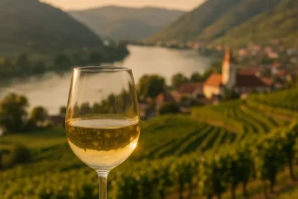 Vigne et bouteilles de vin Wachau ensoleillées