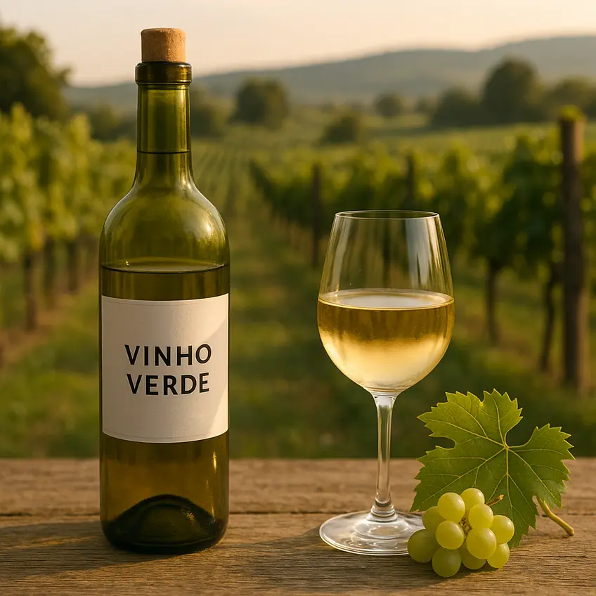 Bouteilles de vinho verde dans un vignoble.